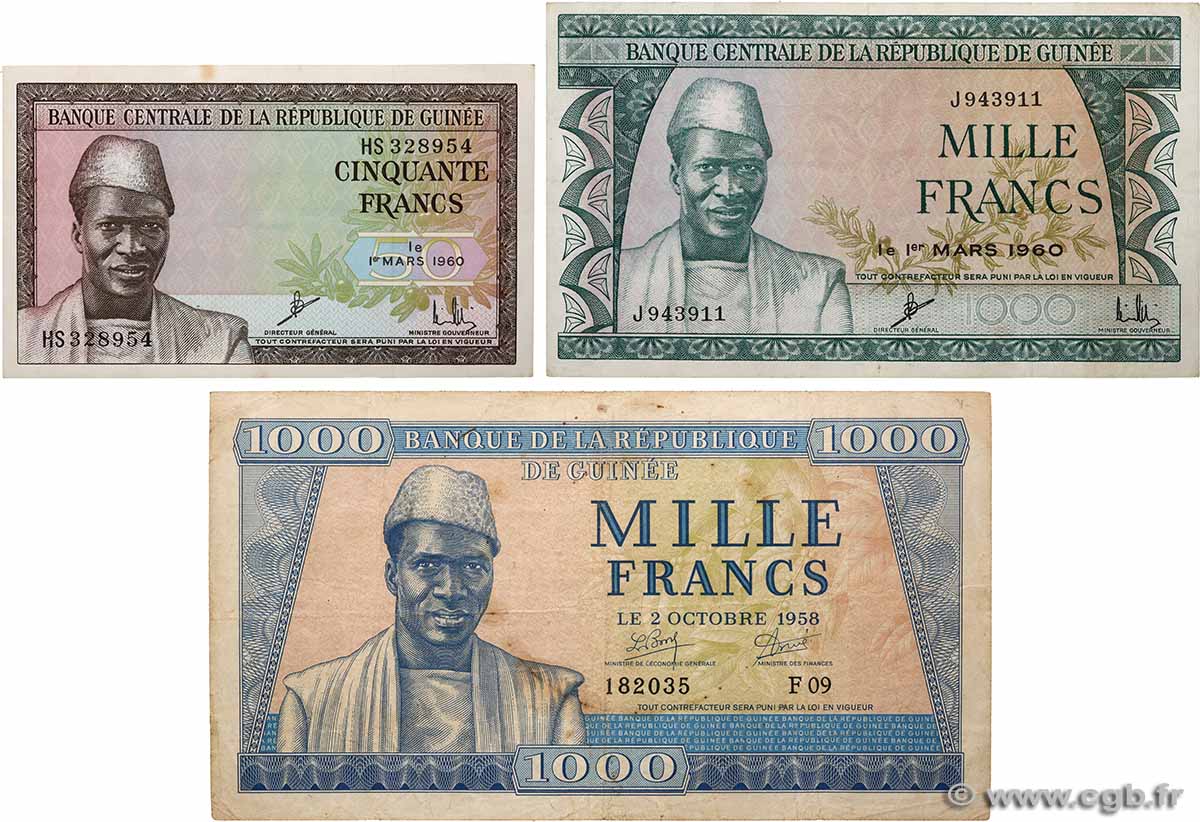 50 et 1000 Francs Lot GUINÉE  1958 P.09, P.12a et P.15a TB à TTB