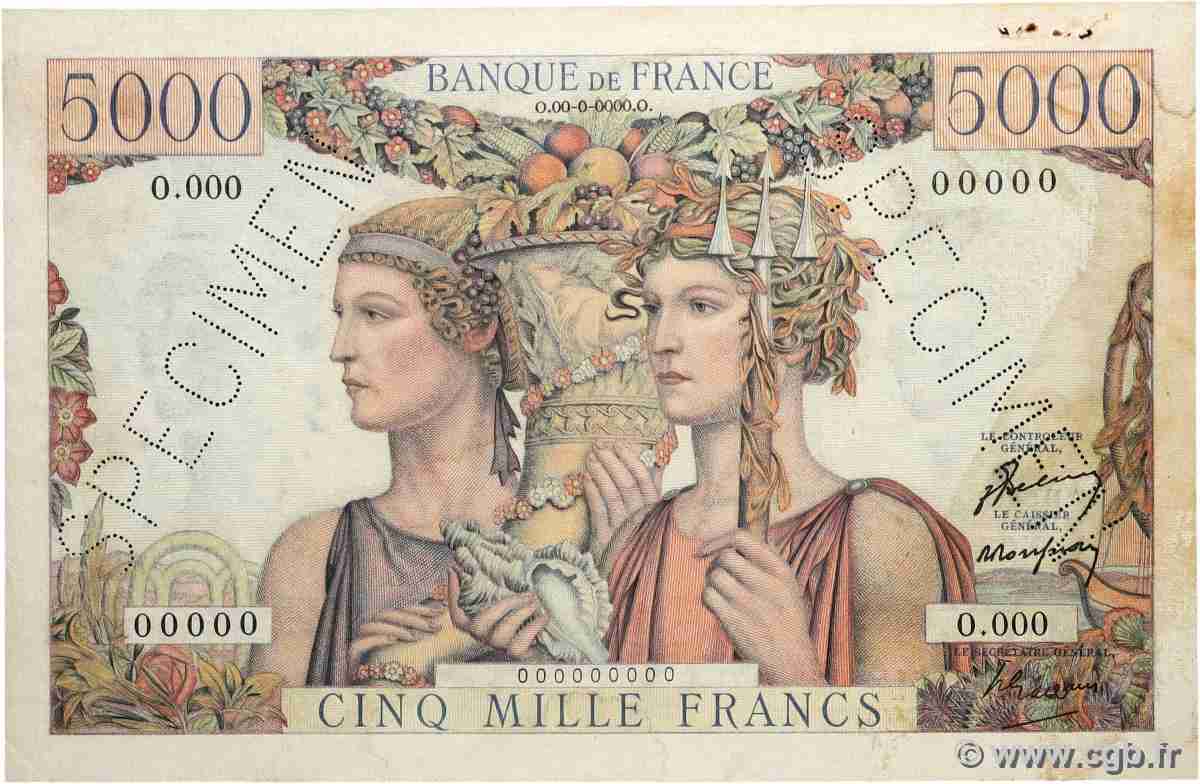 5000 Francs TERRE ET MER Spécimen FRANCE  1949 F.48.01Sp VF+