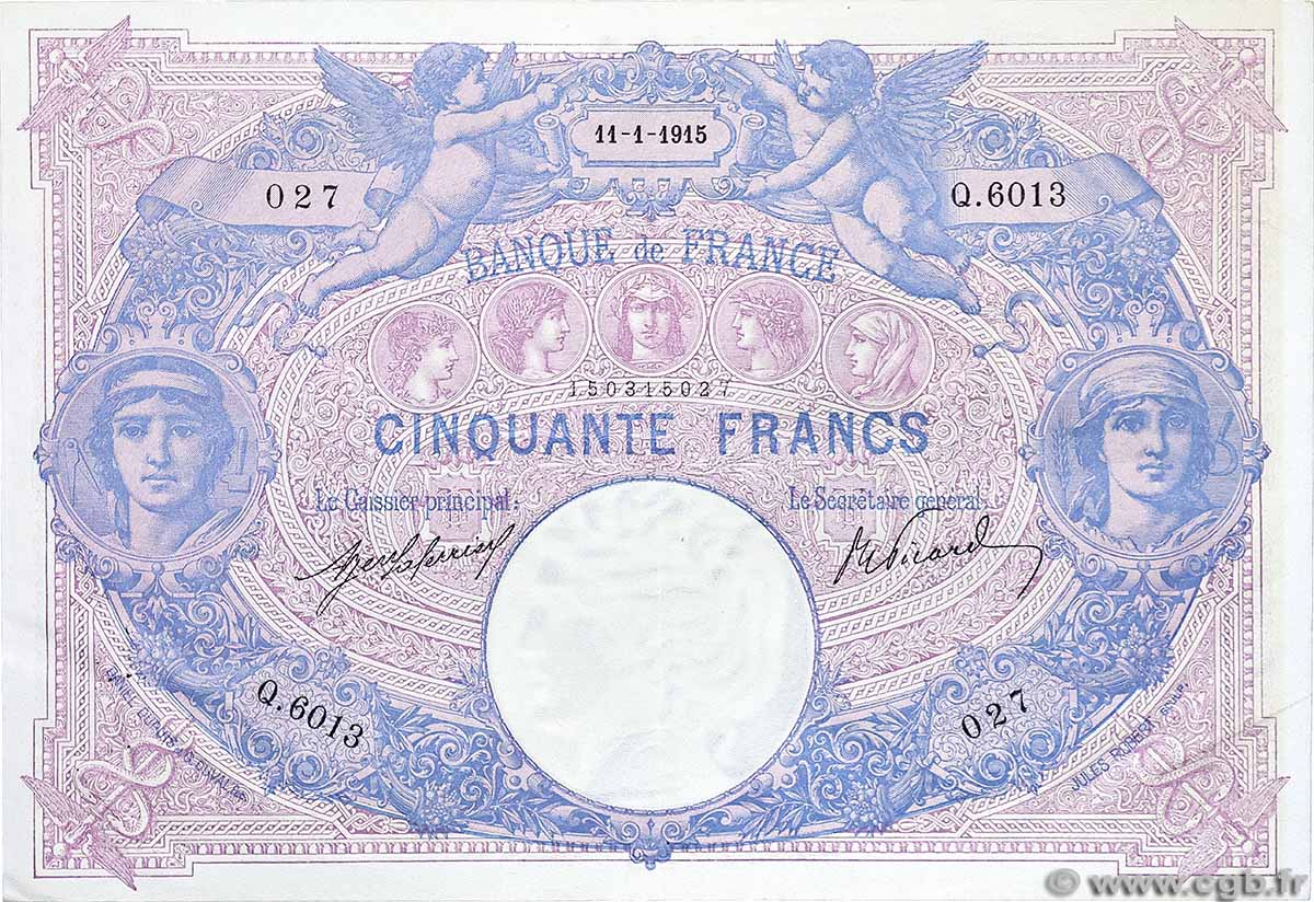 50 Francs BLEU ET ROSE FRANCE  1915 F.14.28 SUP