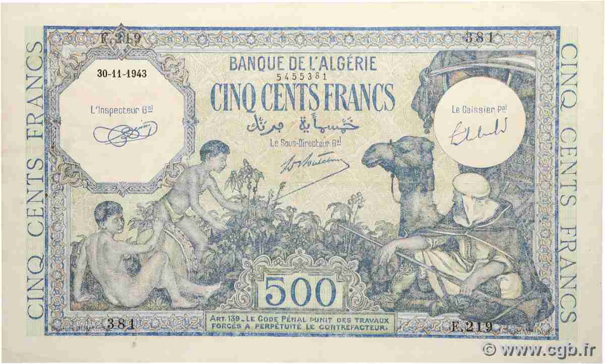 500 Francs ALGERIA  1943 P.093 q.SPL