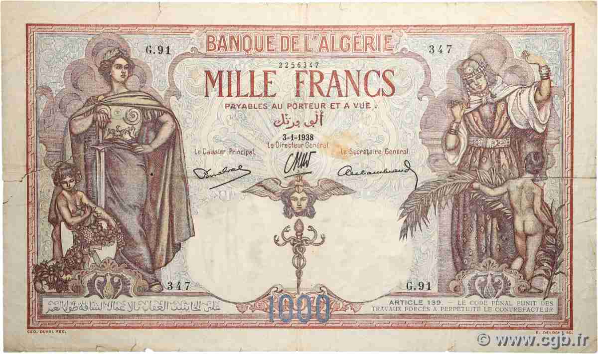 1000 Francs ALGERIA  1938 P.083a q.MB