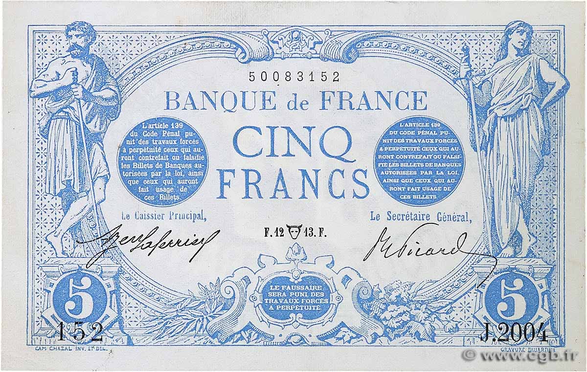 5 Francs BLEU FRANCIA  1913 F.02.16 SPL+