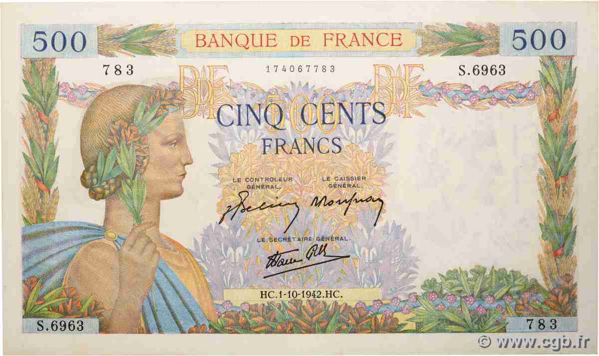 500 Francs LA PAIX FRANKREICH  1942 F.32.41 fST+