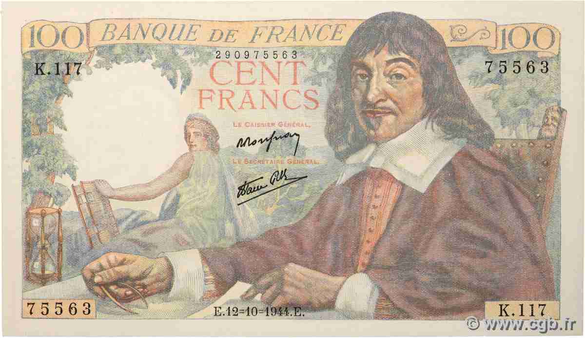 100 Francs DESCARTES FRANCE  1944 F.27.08 NEUF