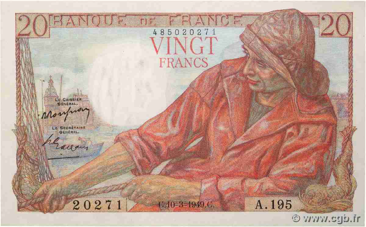 20 Francs PÊCHEUR FRANKREICH  1949 F.13.14 VZ