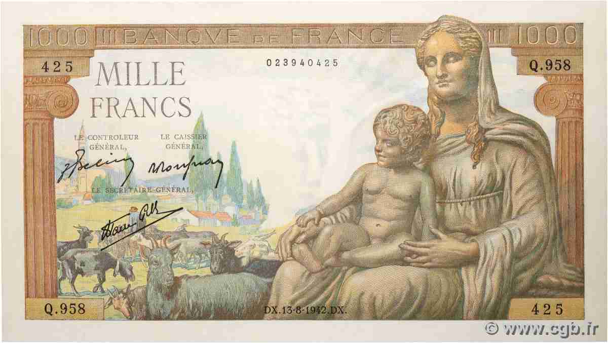 1000 Francs DÉESSE DÉMÉTER FRANCE  1942 F.40.04 pr.NEUF
