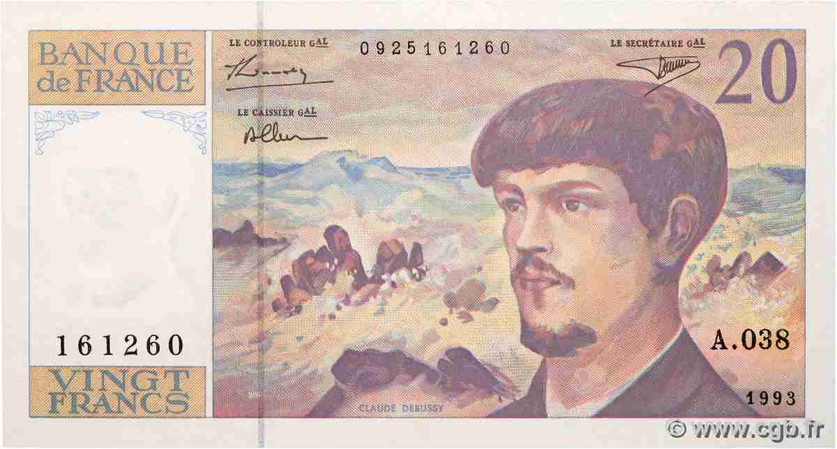 20 Francs DEBUSSY à fil de sécurité FRANCIA  1993 F.66BIS.04A38 SC+