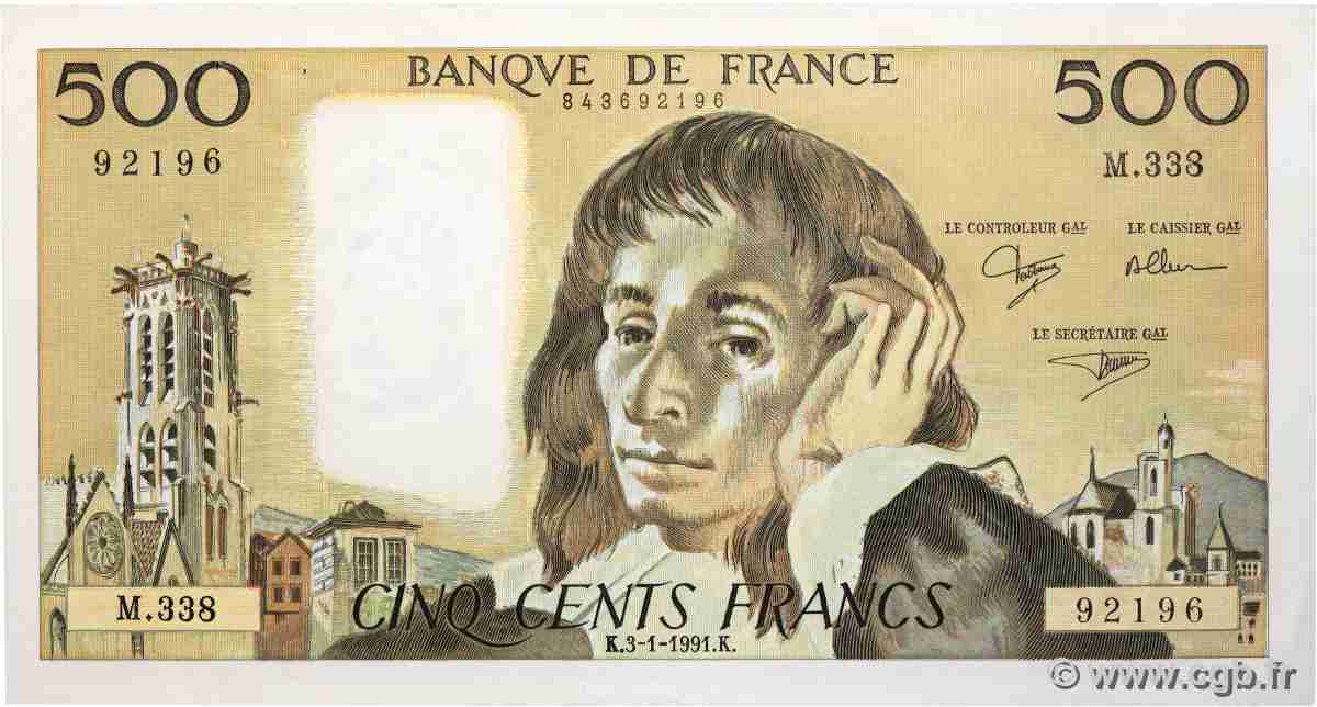 500 Francs PASCAL FRANKREICH  1991 F.71.46 fST