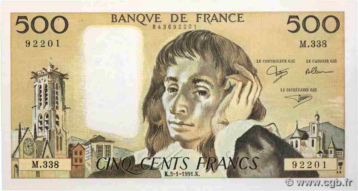 500 Francs PASCAL FRANKREICH  1991 F.71.46 fST