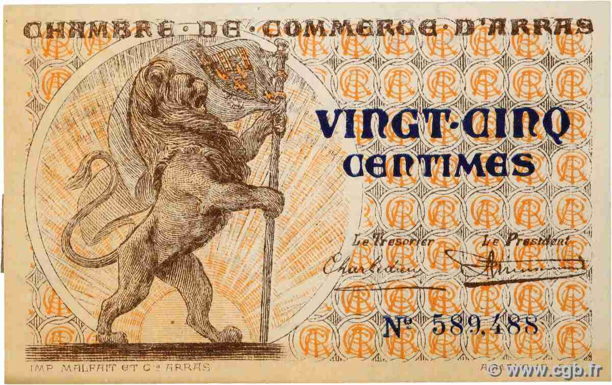 25 Centimes FRANCE régionalisme et divers Arras 1918 JP.013.03 SPL