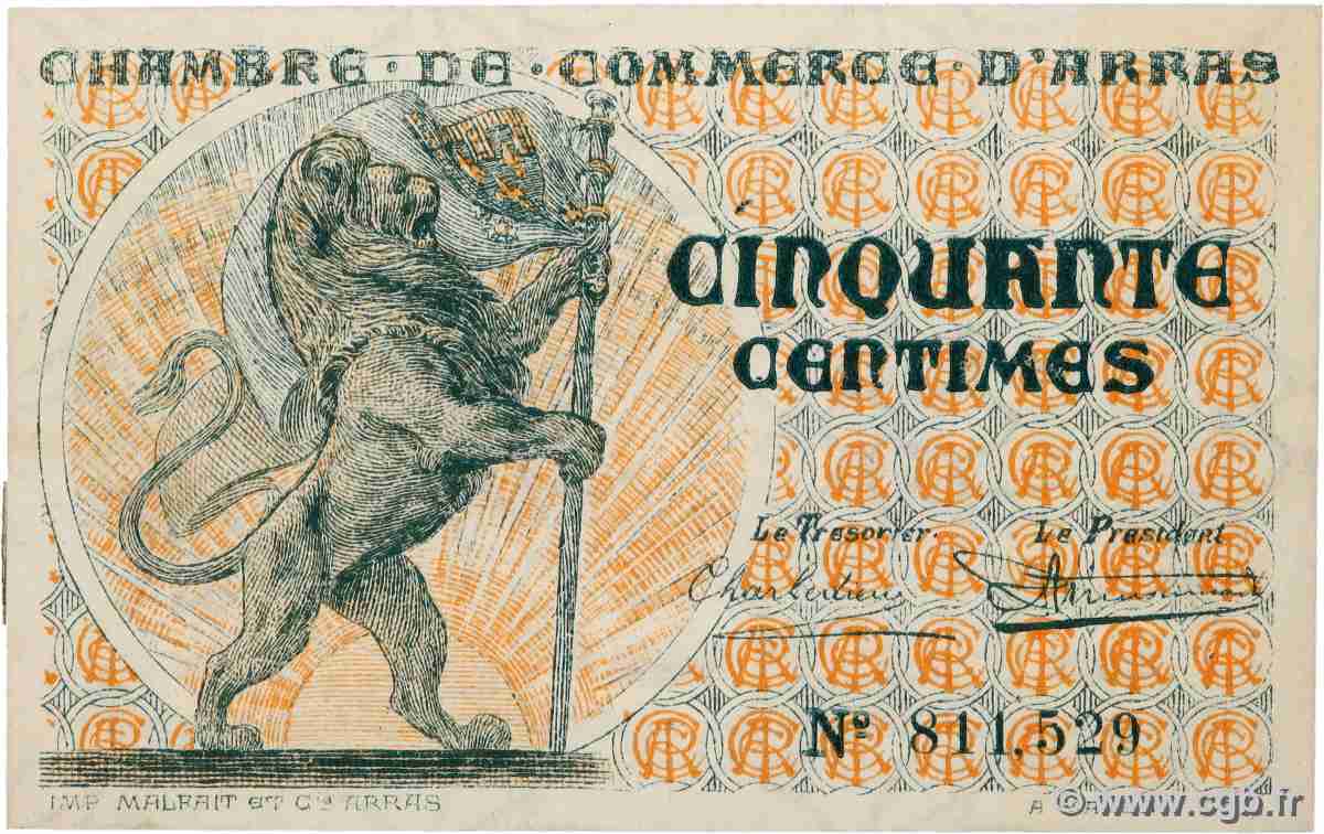 50 Centimes FRANCE régionalisme et divers Arras 1918 JP.013.04 SPL