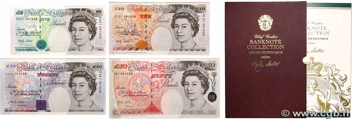 5, 10, 20 et 50 Pounds Set de présentation INGHILTERRA  1993 P.382Ab, P.386b, P.387b eT P.388b FDC