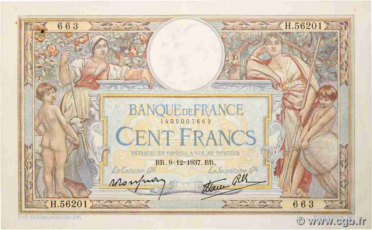 100 Francs LUC OLIVIER MERSON type modifié FRANKREICH  1937 F.25.05 fVZ