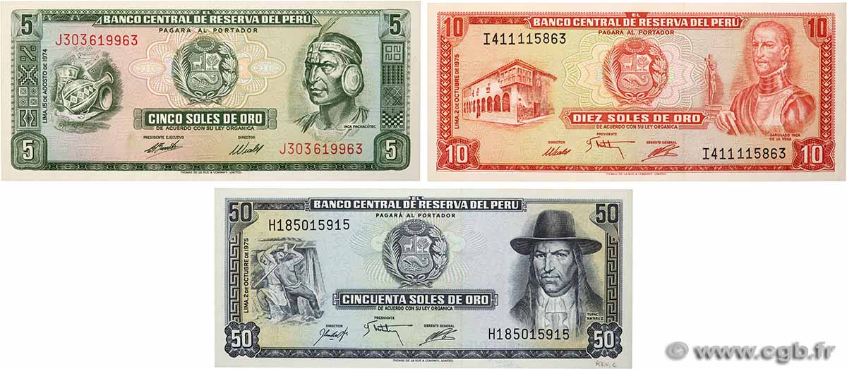 5, 10 y 50 Soles de Oro Lot PERU  1974 P.099c, P.106 et P.107 fST+