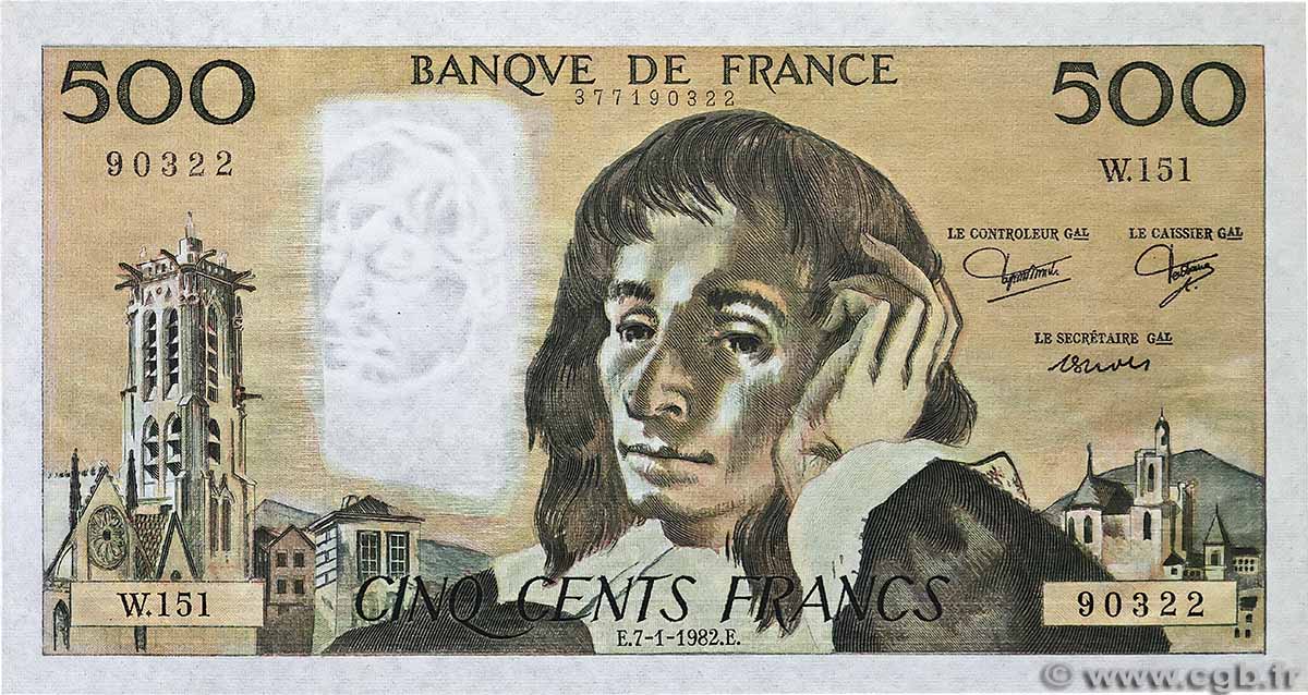 500 Francs PASCAL FRANCE  1982 F.71.26 pr.NEUF