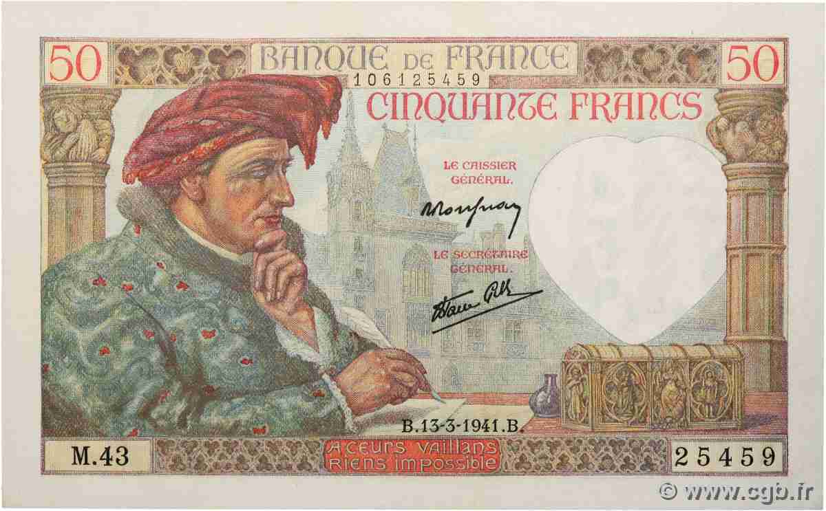 50 Francs JACQUES CŒUR FRANCE  1941 F.19.07 pr.NEUF