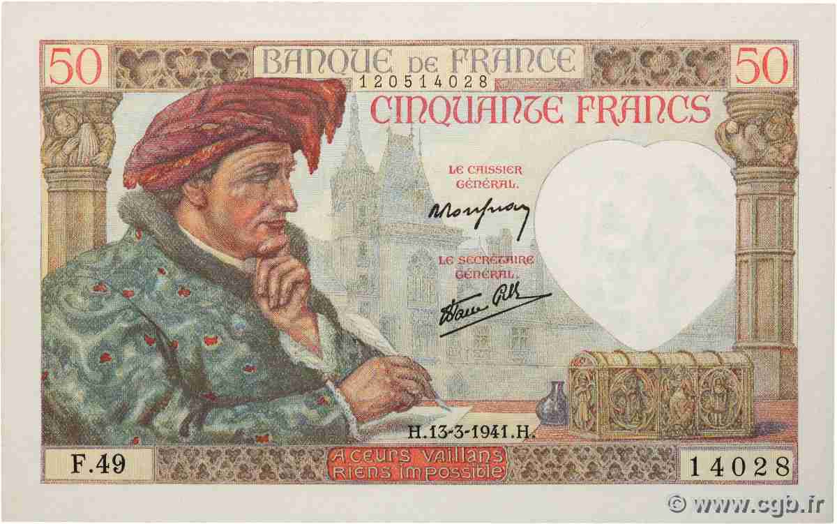50 Francs JACQUES CŒUR FRANCE  1941 F.19.07 pr.NEUF
