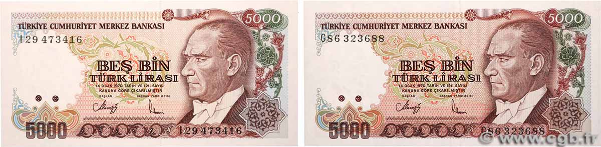 5000 Lira Lot TURKEY  1990 P.198 UNC-
