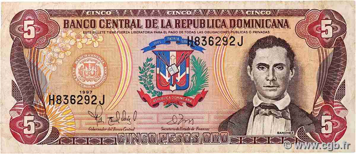 5 Pesos Oro DOMINICAN REPUBLIC  1997 P.152b F