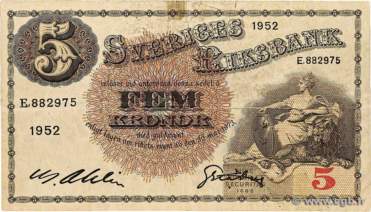 5 Kronor SUÈDE  1952 P.33ai fSS