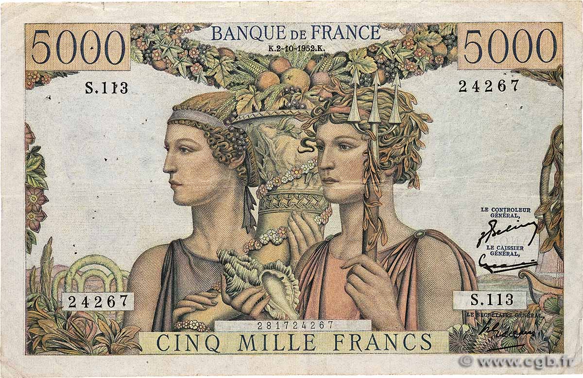 5000 Francs TERRE ET MER FRANKREICH  1952 F.48.07 fSS