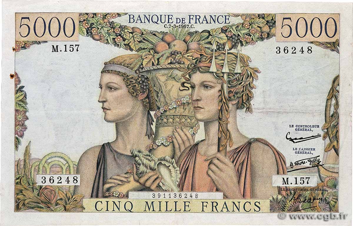 5000 Francs TERRE ET MER FRANKREICH  1957 F.48.13 fSS