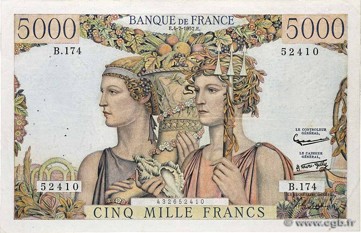 5000 Francs TERRE ET MER FRANKREICH  1957 F.48.16 fSS