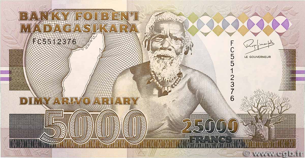 25000 Francs - 5000 Ariary MADAGASCAR  1993 P.074Aa NEUF