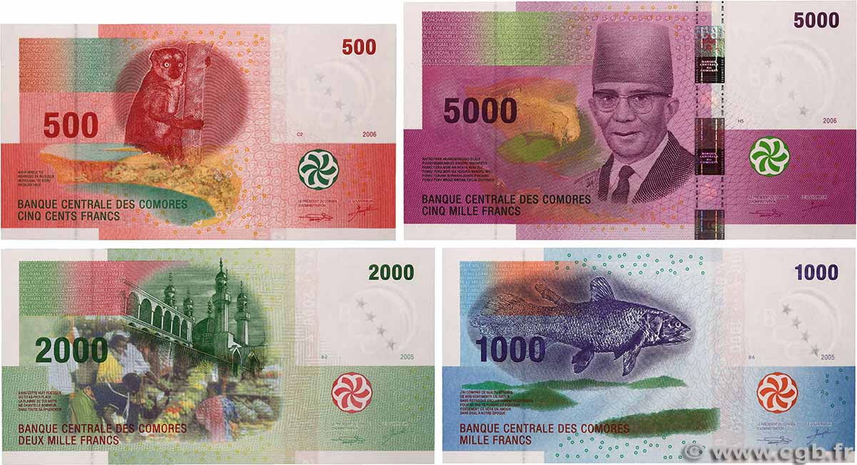 500, 1000, 2000 et 5000 Francs Lot COMOROS  2005 P.15a, P.16a, P.17 et P.18a UNC