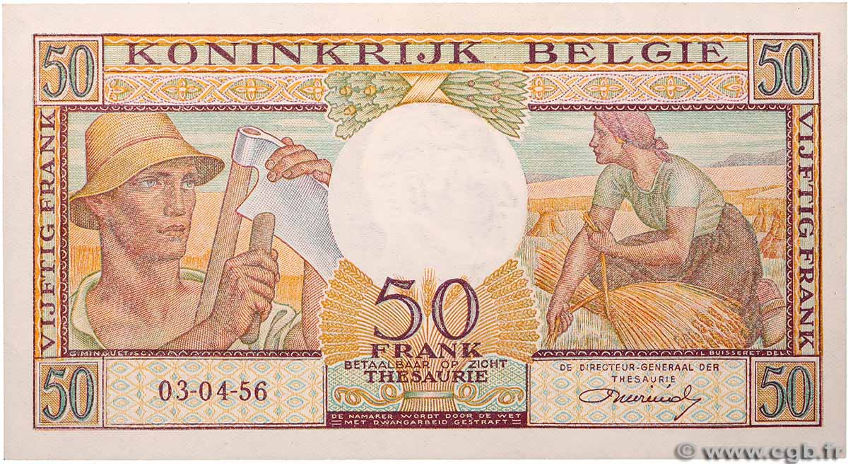 50 Francs BELGIUM  1956 P.133b XF