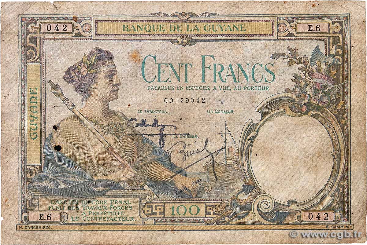 100 Francs GUYANE  1939 P.08 B+