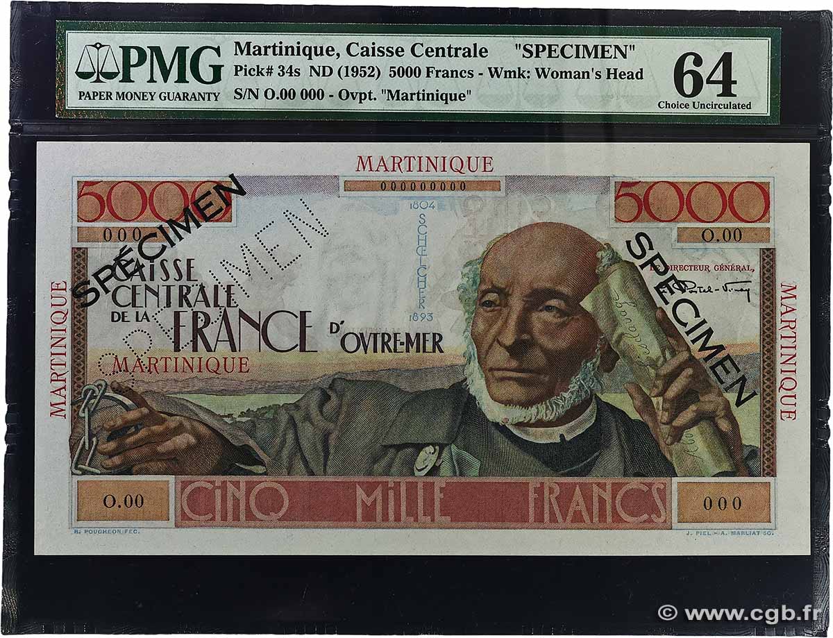 5000 Francs Schoelcher Spécimen MARTINIQUE  1946 P.34s UNC-