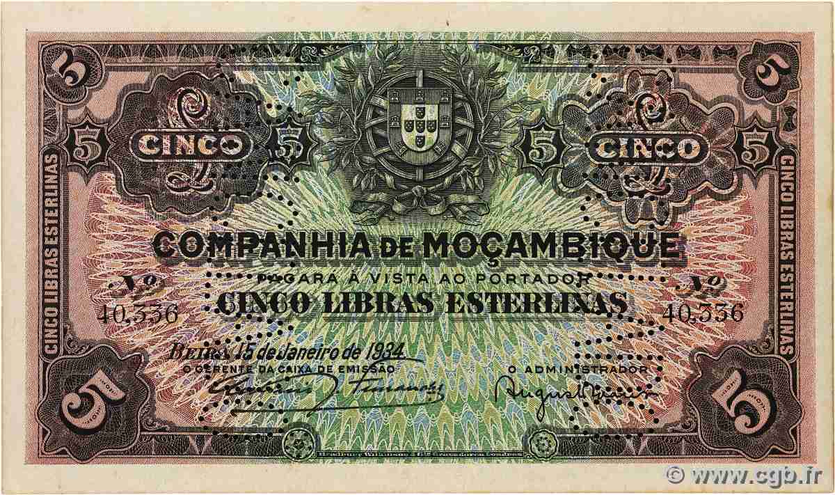 5 Libras Annulé MOZAMBIQUE Beira 1934 P.R32 pr.SPL