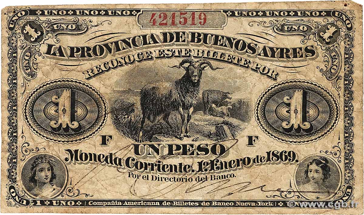 1 Peso ARGENTINE  1869 PS.0481a B+