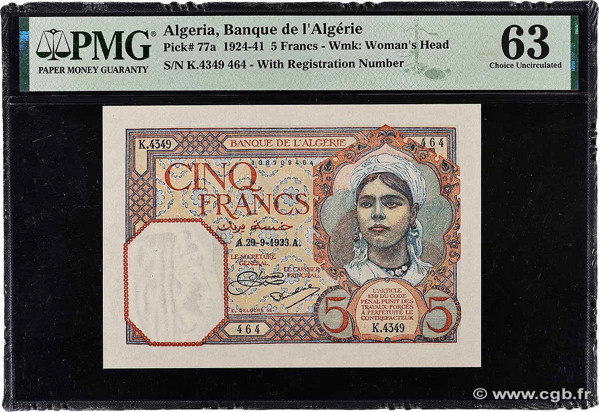 5 Francs ALGERIA  1933 P.077a q.FDC