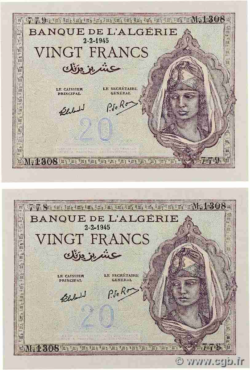 20 Francs Consécutifs ALGERIA  1945 P.092b FDC