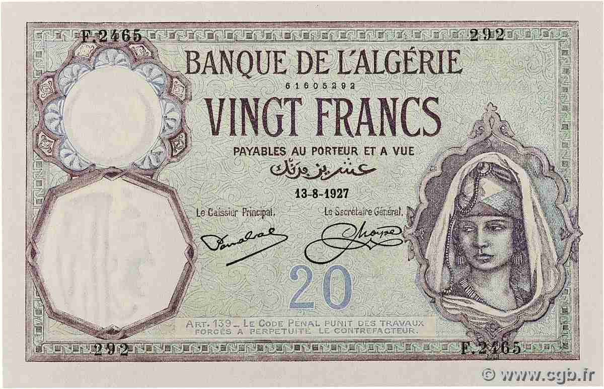 20 Francs ALGERIA  1927 P.078b q.FDC