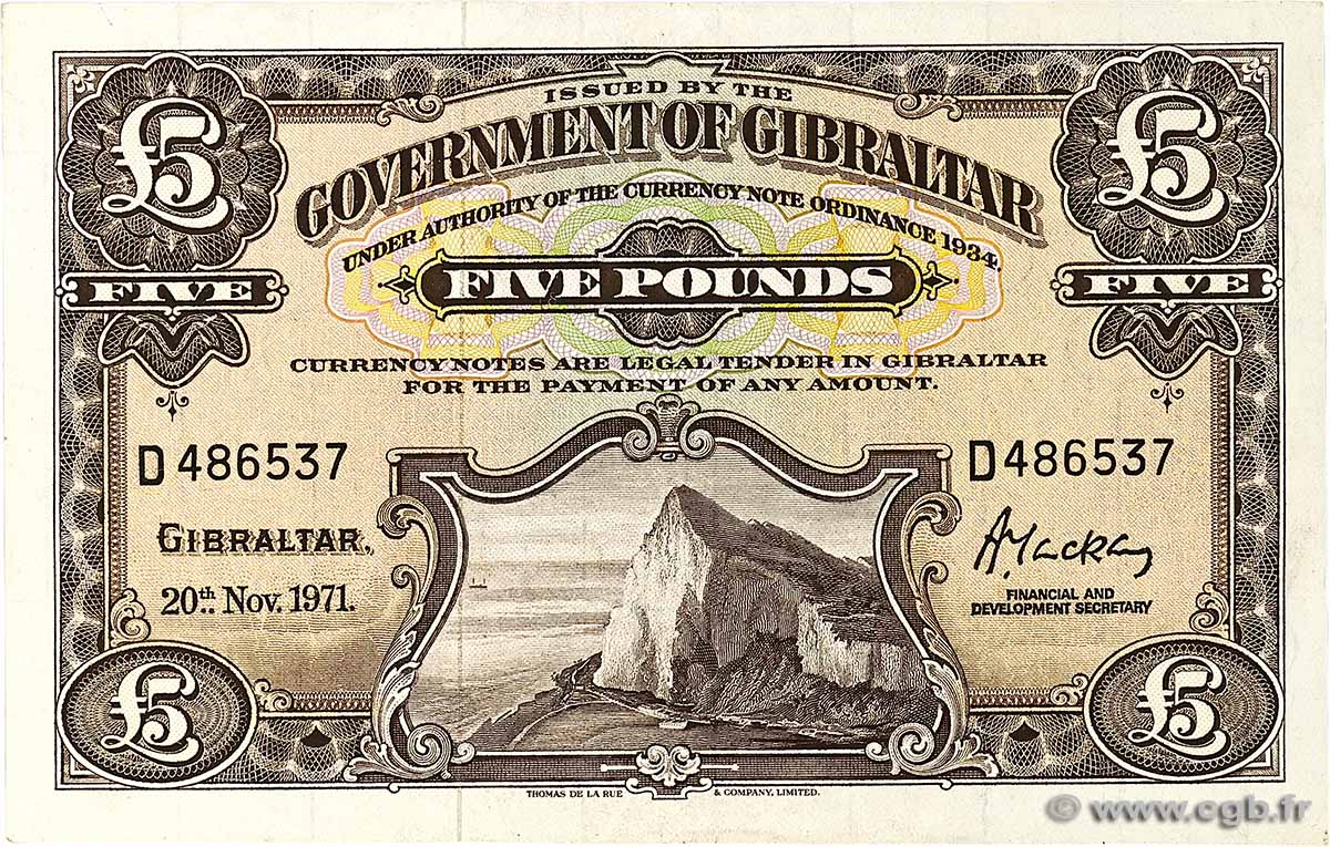 5 Pounds GIBRALTAR  1971 P.19b XF-