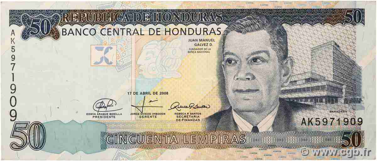 50 Lempiras HONDURAS  2008 P.094Ab q.BB