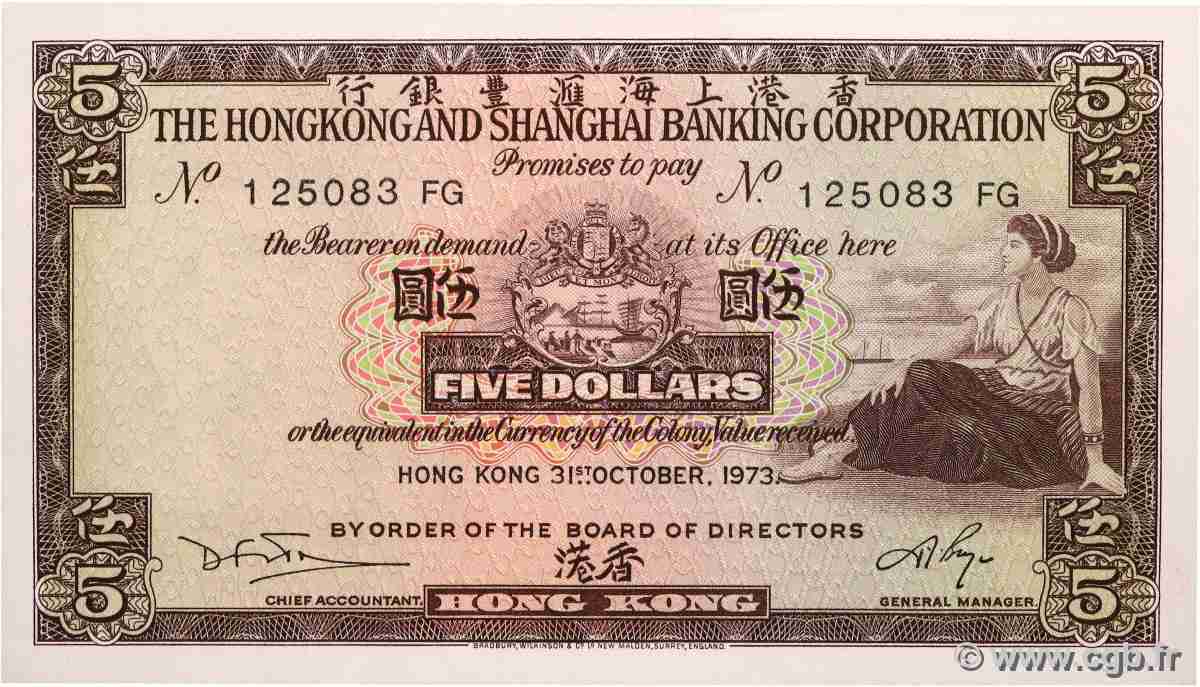 5 Dollars HONG KONG  1973 P.181f UNC