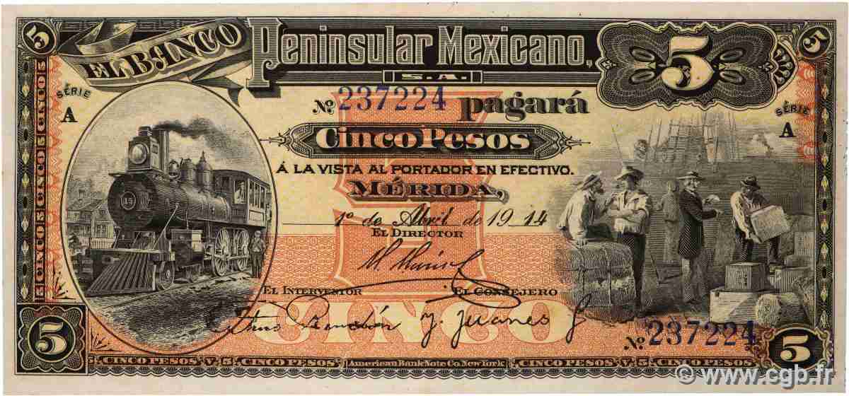 5 Pesos MEXIQUE Mérida 1914 PS.0465a pr.NEUF