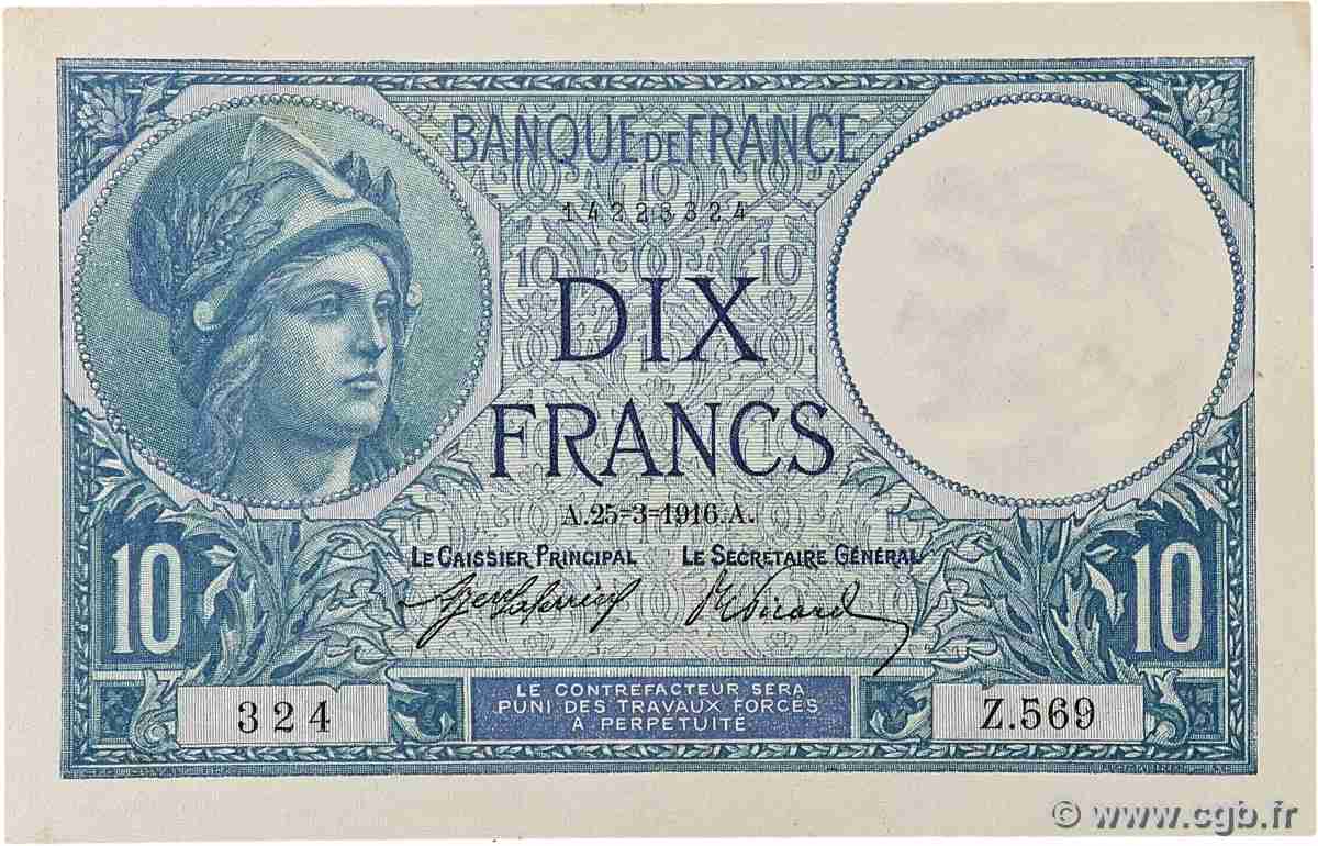 10 Francs MINERVE FRANKREICH  1916 F.06.01 VZ+