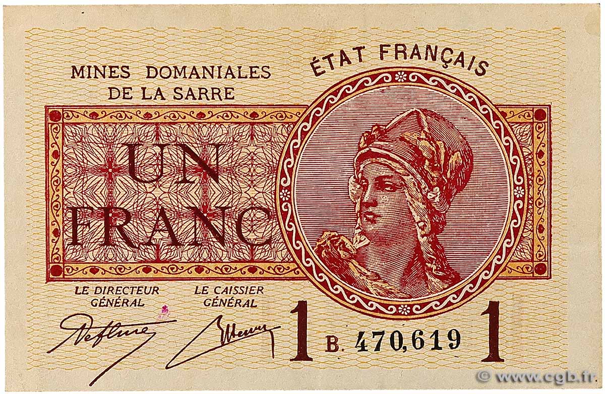 1 Franc MINES DOMANIALES DE LA SARRE FRANCE  1920 VF.51.02 SUP