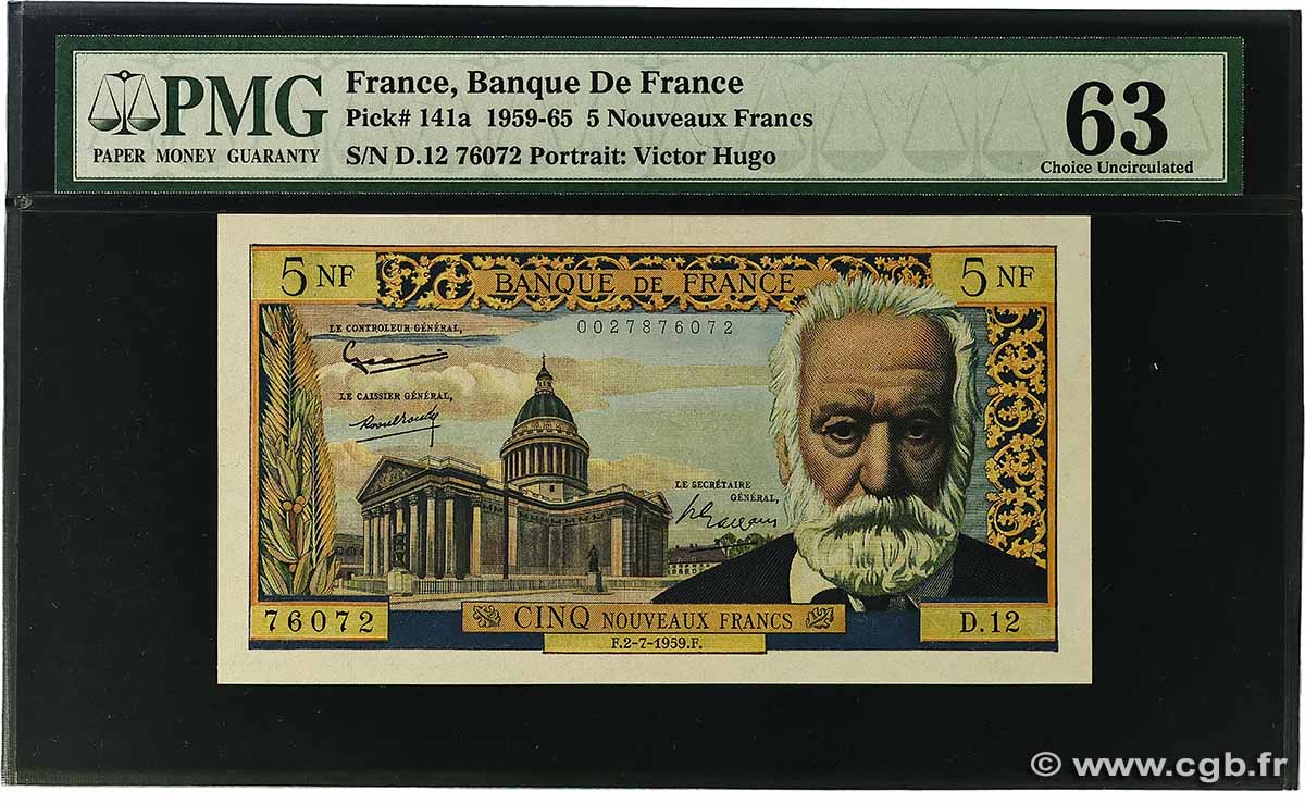 5 Nouveaux Francs VICTOR HUGO FRANCE  1959 F.56.02 UNC-