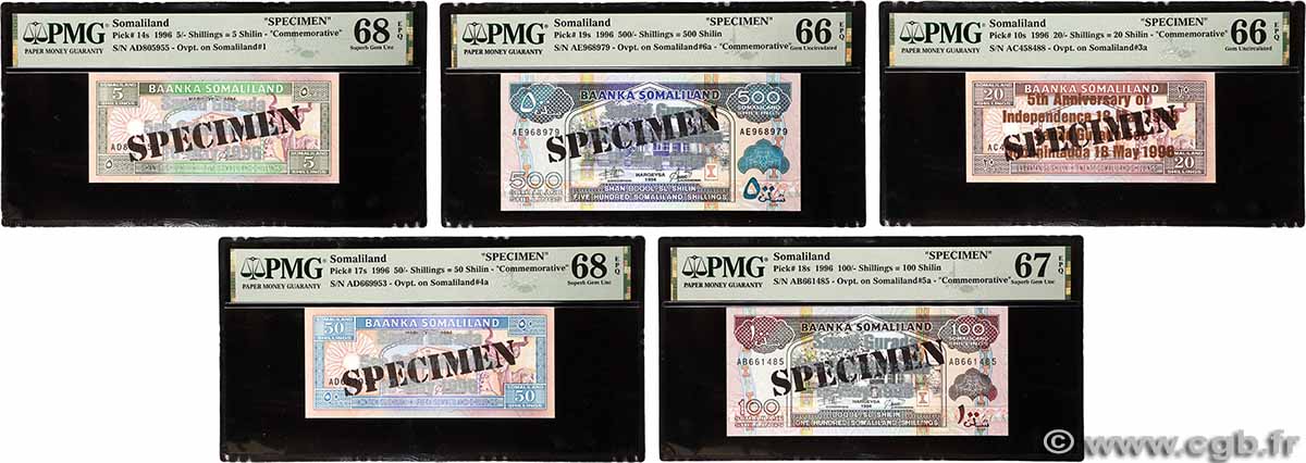 5, 20 , 50, 100 et 500 Schillings Spécimen SOMALILAND  1996 P.10s, P.14s, P.17s, P.18s et P.19s NEUF