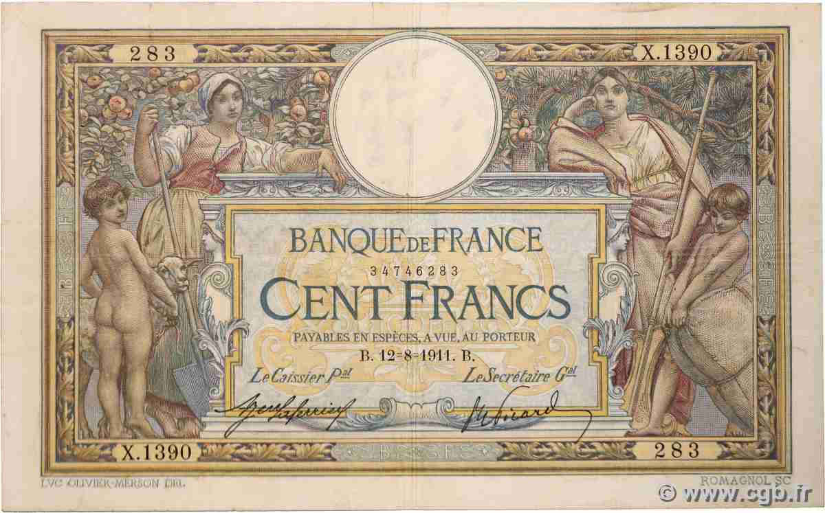 100 Francs LUC OLIVIER MERSON sans LOM FRANCE  1911 F.23.03 TB