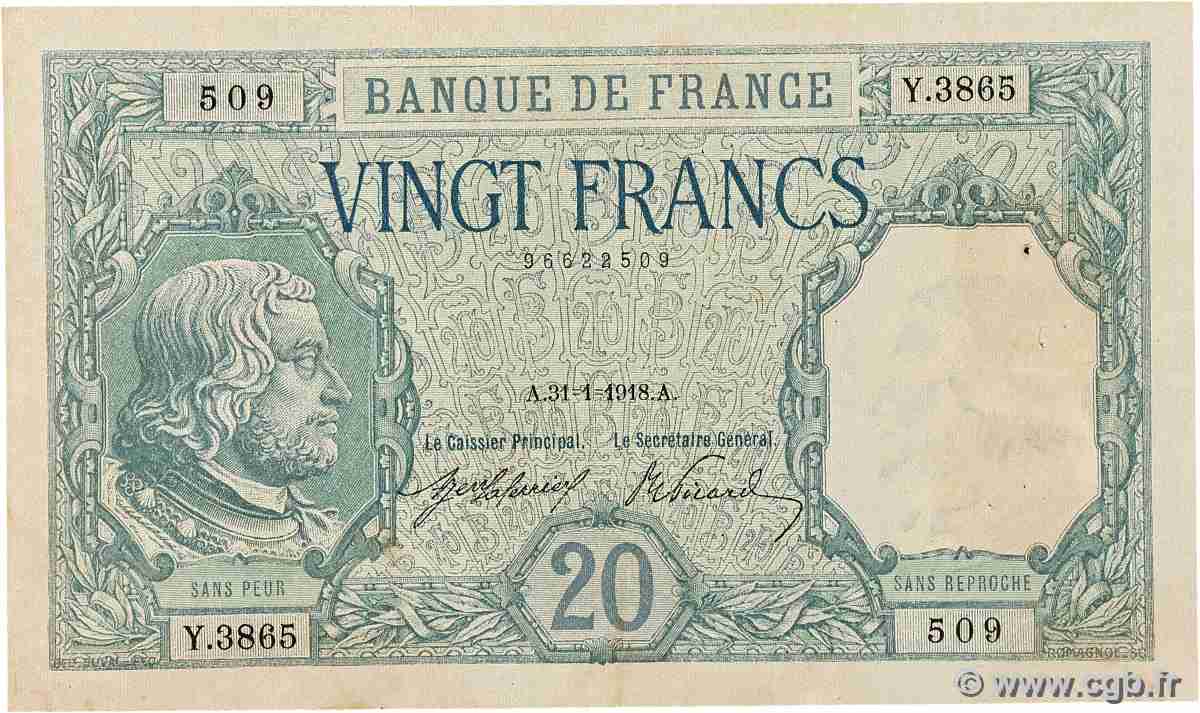 20 Francs BAYARD FRANCE  1918 F.11.03 VF+