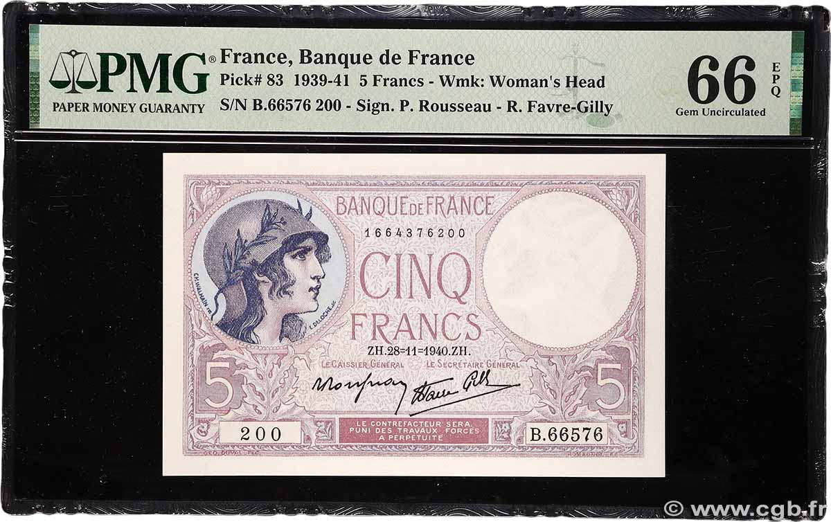 5 Francs FEMME CASQUÉE modifié FRANCE  1940 F.04.15 neuf