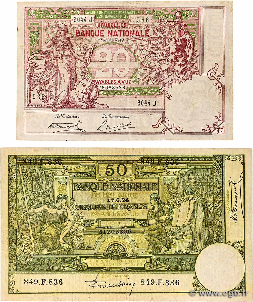 20 et 50 Francs Lot BELGIO  1919 P.067 et P.068c q.BB