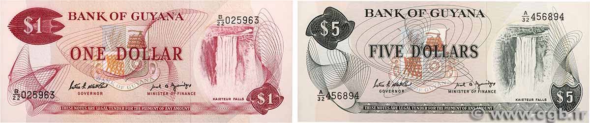 1 et 5 Dollar Lot GUYANA  1989 P.21f et P.22f UNC-